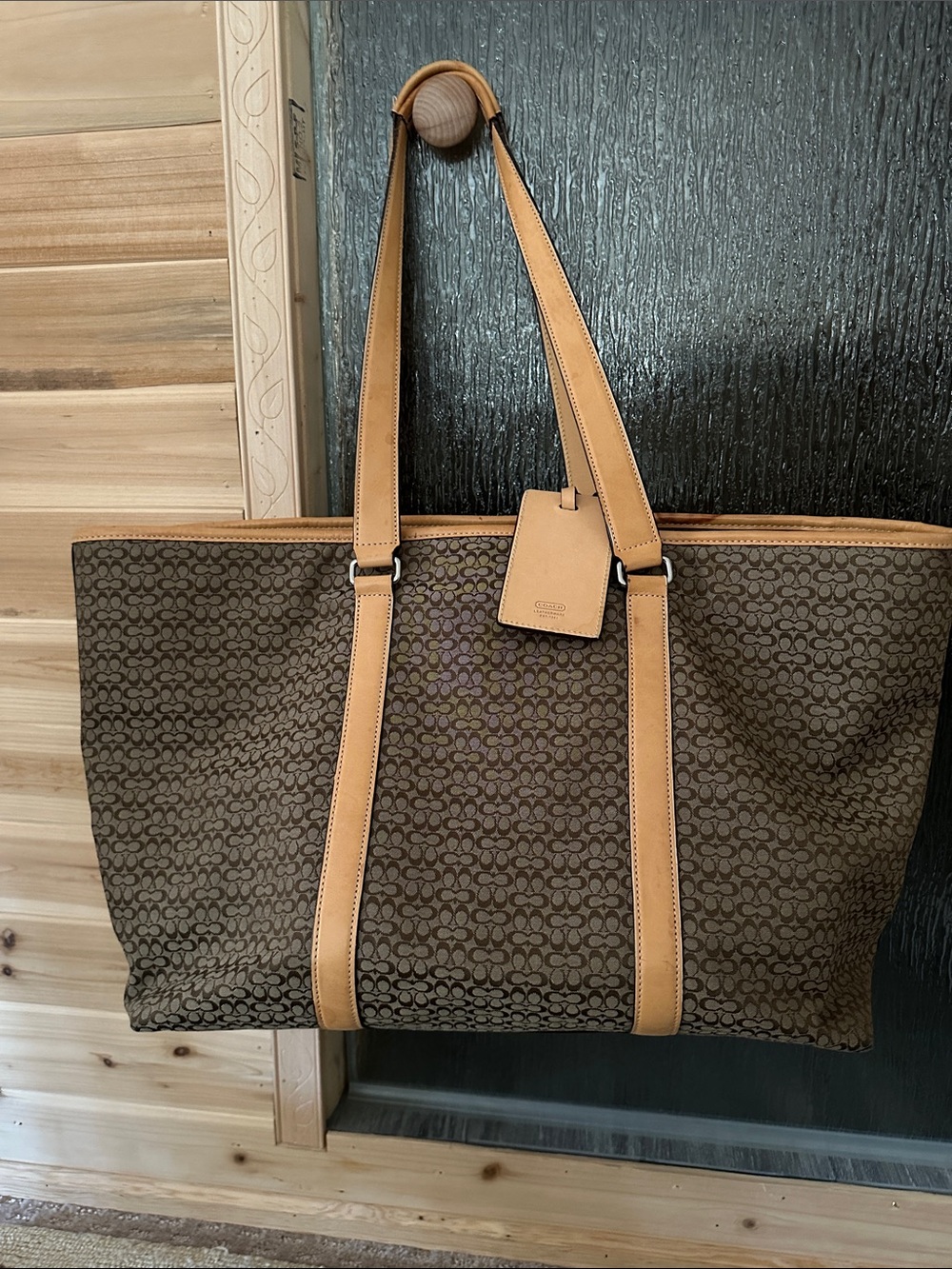 Coach Brown Signature Canvas Tote/Weekender with Tan Leather Straps